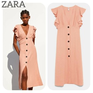 ZARA ザラ さらっと着れるボタン付きリネンワンピース 春夏ワンピ M くすみピンク 人気ブランド レディースワンピ かわいい お洒落ワンピ