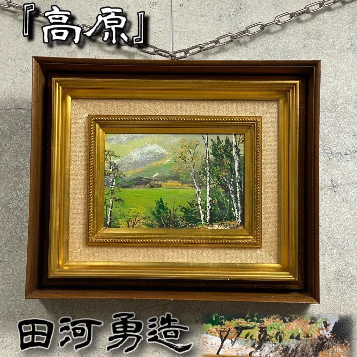 [Genuine] Sanki member Yuzo Tagawa's Plateau birch oil painting, snowy mountain, green mountain, purple trunk and green leaves, magnificent depiction masterpiece, framed painting, mountain smiles (spring), autographed, landscape painting, fine art, Painting, Oil painting, Nature, Landscape painting