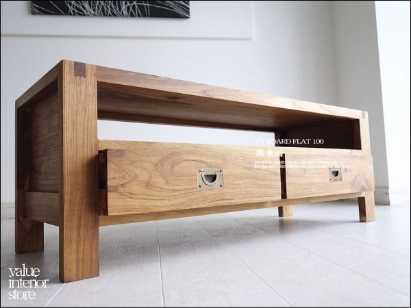 TV-Ständer aus Teakholz, flach 100cm, N Schubladen, Edelholz, TV-Platine, natürlich, hölzern, AV-Karte, Lowboard, Massivholz, TV-Platine, Messingbeschläge, handgefertigt, japanischer Stil, Fernsehtisch, Audio-Video-Karte, Niedrige Ausführung (Höhe unter 60 cm), ~Breite 100cm