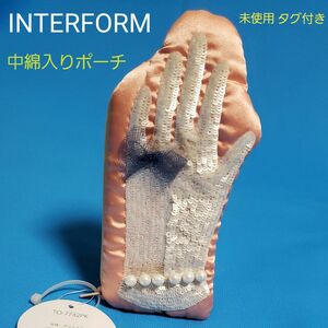 未使用 タグ付き INTERFORM ポーチ 手袋 スパンコール 中綿 ピンク 白 パールビーズ 刺繍 リボン インターフォルム