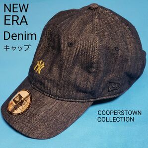 ニューエラ Denim ゴールドロゴ MLB ニューヨーク ヤンキース キャップ インディゴデニム 紺 帽子 New Era 美品