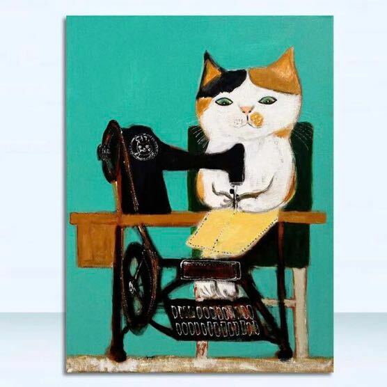 ミシン猫　レトロ　ねこ　アートポスター　リビング　玄関　トイレ　子ども部屋　キッチン　寝室　ディスプレイ　プレゼント