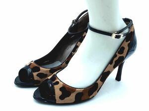  Ginza Kanematsu original leather is lako Leopard ankle strap open tu pumps size24.5/ beige *# * ecb4 lady's 