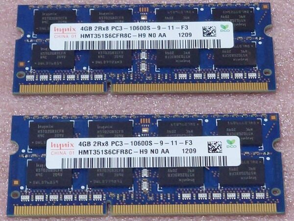 Hynix HMT351S6CFR8C-H9 2枚◆PC3-10600S/DDR3-1333 SO-DIMM 8GB@4GB