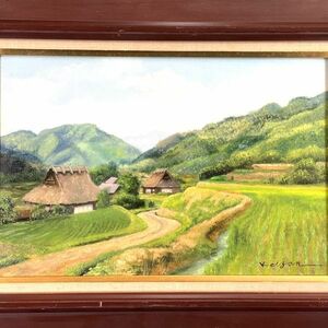 真作■油彩■白崎景山■『山手の水田・丹波三和町』■一枚の絵取扱作家・ 緑茂る古民家個展京都近鉄他多数 師:服部喜三 　2ｄ