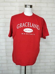 US アメリカ 古着 輸入品 半袖 プリント コットン Tシャツ 綿Tシャツ サイズ XXL GRACELAND ELVIS MEMPHIS 赤 レッド123