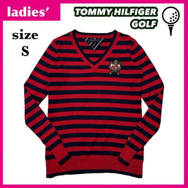 TOMMY HILFIGER GOLF トミーヒルフィガーゴルフ Vネック ニット レディース サイズS ボーダー柄 ゴルフウェア