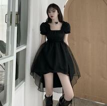 Lサイズ ブラックドレス パフスリーブ スタイルアップ フロントショートスカート ハロウィン 衣装 コスチューム コスプレ_画像2