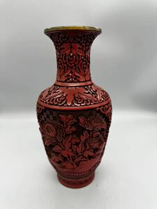 中国美術 堆朱 花瓶 彫漆内七宝細密唐草花文花瓶 菊紋様