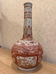 時代物　紅安南　壺 花瓶 天球瓶　花鳥紋　タイ古陶 ベトナム古陶　高さ約34センチ　横約18センチ