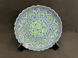 [O22-34] front field ceramics . mountain kiln blue flower green . large plate decoration plate overglaze enamels Japanese-style tableware also box unused storage goods 