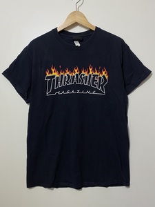 ○ THRASHEAR スラッシャー 半袖 クルーネック コットン Tシャツ ファイヤーパターン ロゴ 炎 火 黒 ブラック M 