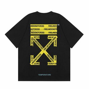 オフホワイト OFF-WHITE 半袖 Tシャツ 男女兼用 ブラック イエロー テープ トップス 夏 カットソー Lサイズ