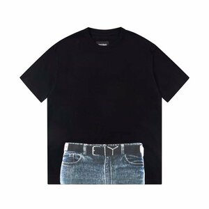 Y PROJECT | JEAN PAUL GAULTIER Denim Print 半袖tシャツ ブラック 男女兼用 半袖 カットソー ファッション Lサイズ