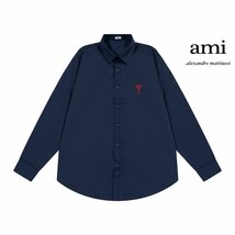 ★AMI PARIS★チェーンステッチ ハートロゴシャツ 長袖 シャツ おしゃれ ネイビー ブラウス LONG-SLEEVED SHIRTS XLサイズ_画像1