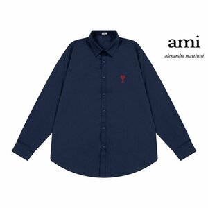 ★AMI PARIS★チェーンステッチ ハートロゴシャツ 長袖 シャツ おしゃれ ネイビー ブラウス LONG-SLEEVED SHIRTS XLサイズ