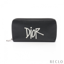 ディオール DIOR DIOR × Shawn Stussy ラウンドファスナー長財布 レザー ブラック ホワイト メンズ 中古_画像1