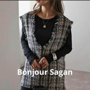 finalSALE〜3/31 本日タイムセール価格！限定価格！Bonjour Sagan ツイードフリンジディープVベスト