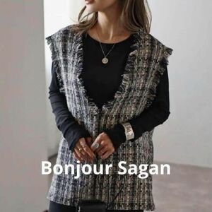 finalSALE〜3/31 Bonjour Sagan ツイードフリンジディープVベスト