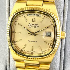 【1円〜】BULOVA ブローバ 腕時計 メンズ AT 自動巻 UPER SEVILLE スーパーセビル ゴールド文字盤 スクエア デイデイト 可動品