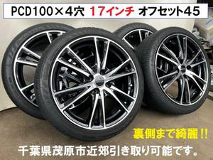 17インチ★4穴×PCD100 オフセット45 アルミホイール4本SET 2020年製タイヤ付き ルーミービッツヤリスノートトール 千葉県長生郡 　