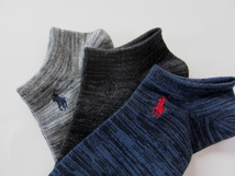 POLO ラルフローレン新品！3足セット マーク刺繍スニーカーソックス 25-27cm黒紺灰 送料無料 スラブ_画像2