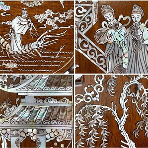 ● 中国家具 唐木 衝立 パーテーション 間仕切り 3枚 螺鈿 花鳥 竹 透かし彫り ビンテージ 中国美術の画像6