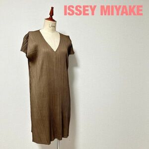 B0009★10.5 ISSEY MIYAKE イッセイミヤケ レディース プリーツプリーズ ロング ワンピース ドレス モカブラウン size4