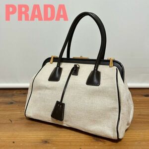 D0005★10.5 PRADA プラダ キャンバス レザー ミニ ハンド バッグ 鞄 生成り ブラウン ロゴ 金具 NO31