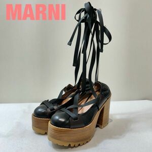 Q0007★5 高級 近年モデル MARNI マルニ レディース 厚底 ダッド ウェッジソール ウッド レザー バレーシューズ ボンテージ リボン 35size