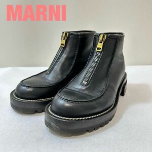 Q0002★5 高級 近年モデル MARNI マルニ ZIP ロゴ 金具 厚底 ダッド ラバーソール レザー ショート ブーツ シューズ 靴 黒 レディース 35