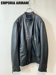 L0027★10 高級 黒ラベル EMPORIO ARMANI アルマーニ シングル レザー ジャケット ブルゾン ライダース 黒 size52 MEN'S