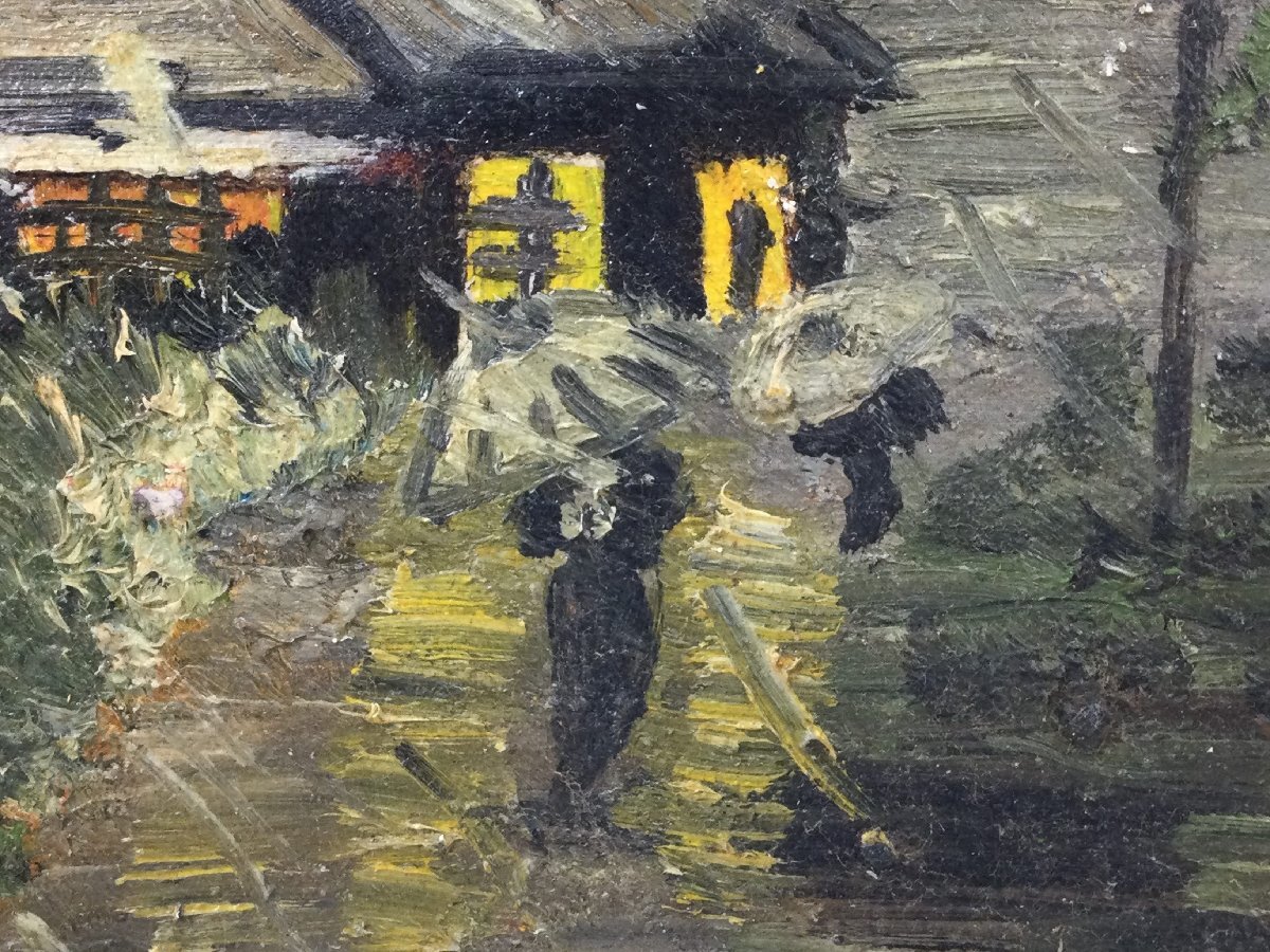 【三】油絵 ありよしかざい ARIYOSHI CAZAI 風景画 家 茅葺屋根 風雨 街路灯 夜 傘 人々 s3719B_E, 絵画, 油彩, 自然, 風景画