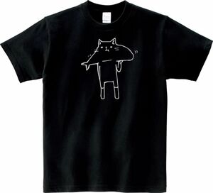 おもしろ　お魚くわえたネコ　Tシャツ　ブラック　MLサイズ　送料無料　ｈ576