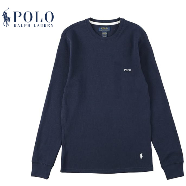 新品 M ★ ポロラルフローレン 長袖 ワッフル Tシャツ ネイビー US-S PWLC2F POLO Ralph Lauren ロゴ刺繍 サーマル ロンT クルーネック