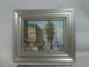 絵画 インテリア 油絵◆エッフェル塔 パリの街 セーヌ河 フランス ヨーロッパ 風景　作者不明　現状でよくみて絵に１部はがれあり