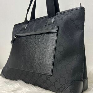 【未使用級】近年GUCCI グッチ GGキャンバス トートバッグ A4収納可能 メンズ ビジネスバッグ　メンズ　紳士　ブラック　黒　ストライプ　