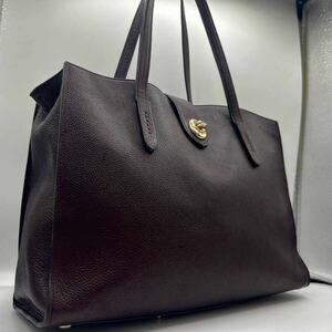 【希少色 美品】COACH コーチ トートバッグ ビジネスバッグ ボルドー 大容量 A4 PCポリッシュドペブル 肩掛け レザー ターンロック メンズ