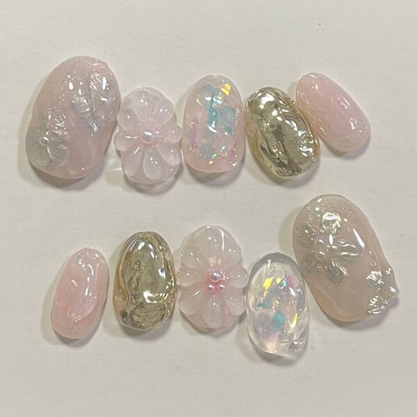 うるうる 春ネイル ピンク系 ぷっくりフラワー ネイルチップ