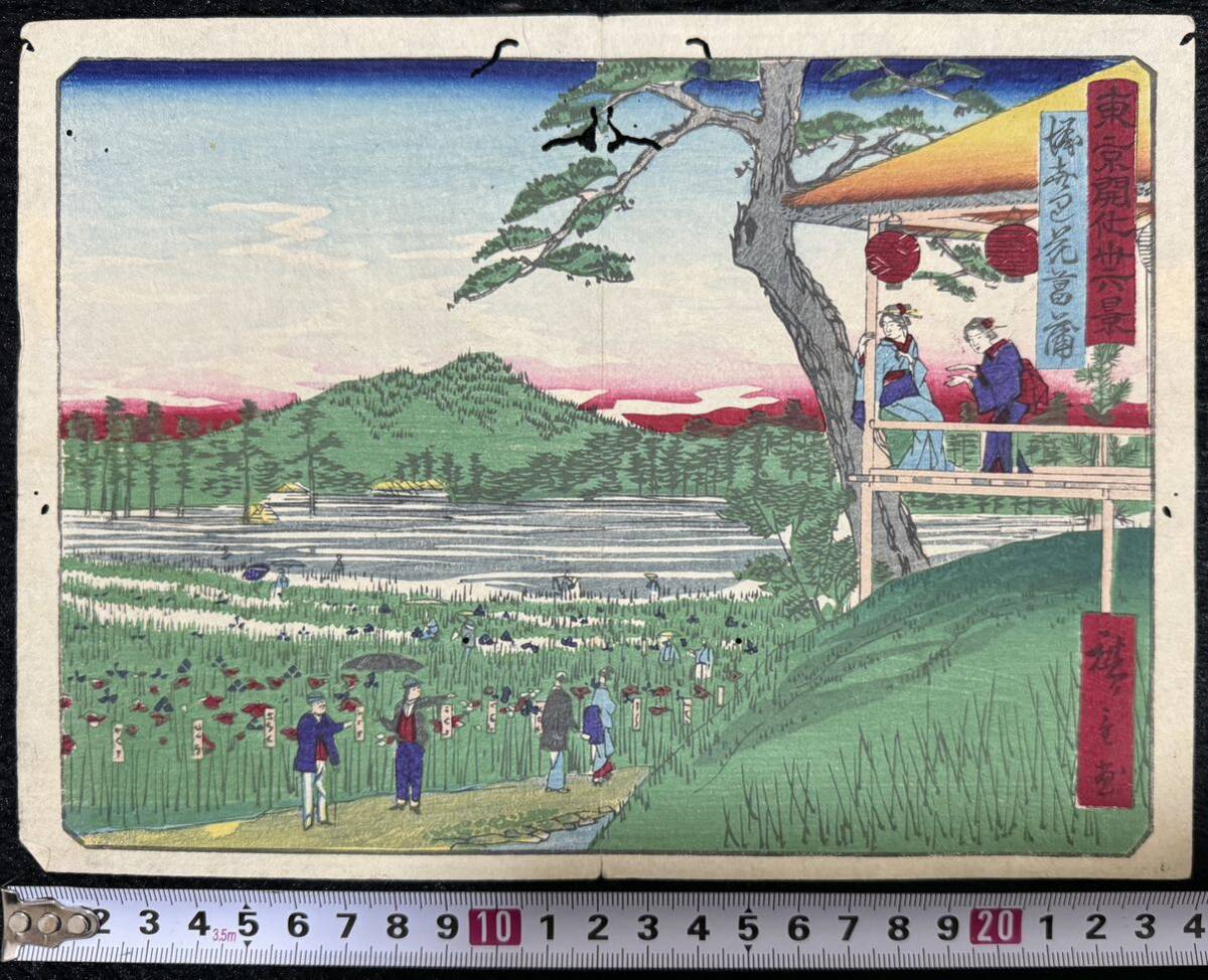 Período Meiji/Obra auténtica de Utagawa Hiroshige (III) Treinta y seis vistas de la modernización de Tokio: Horikiri Iris Auténtico grabado en madera Ukiyo-e Lugares famosos Modernización Nishiki-e Tamaño mediano, Cuadro, Ukiyo-e, Huellas dactilares, Pinturas de lugares famosos.