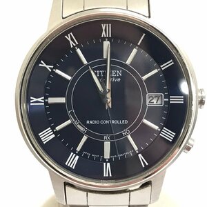 中古品 CITIZEN シチズン エコドライブ H415-S054541 電波時計 ネイビー文字盤 デイト付き ソーラー充電 腕時計 質屋出品