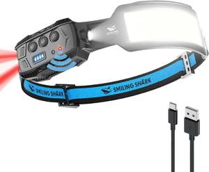 1個入 Smiling Shark ヘッドライト, 【LED白&赤ヘッドライト 1個入り】USB充電式 7倍高輝度照明 4000 