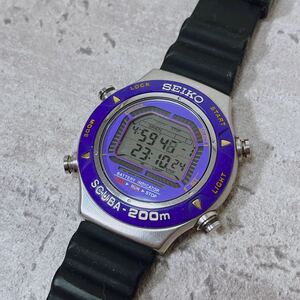 稼働 SEIKO セイコー SCUBA 200m S800-0010 1993年製 フルオートカレンダー エアダイバーズ QZ パープル系 純正品 メンズ 1円