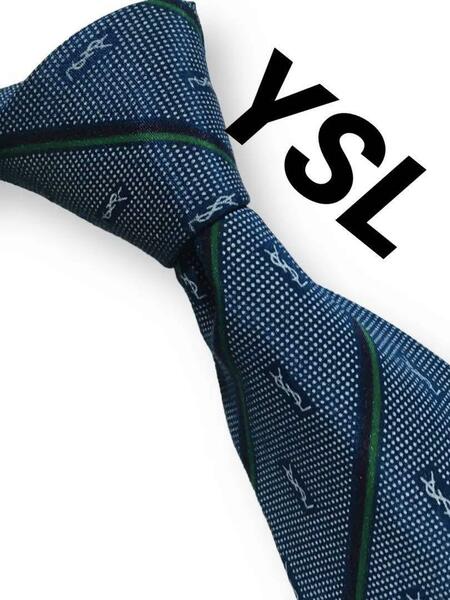 即日発送 送料無料 美品 ネクタイ シルク 100% 総柄 イブ サンローラン ロゴ ストライプ YSL Yves Saint Laurent