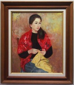 Art hand Auction [Authenticity Guaranteed] Sumiko Shimizu Portrait of a Woman Knitting Oil Painting No. 8 Endorsement Included Portrait Painting Beautiful Woman Painting Single Picture Handling Work Shuyokai PIC-171, painting, oil painting, portrait