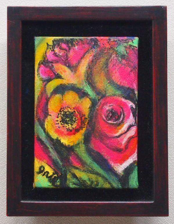 [진품 보장] 이리에 카즈코 장미 등 꽃 유화 14 x 10 cm 스티커 포함 2010 작품 여성 예술가 협회 독립상 교사 하야시 타케시 스기나미와 인연이 있는 화가 PIC-149, 그림, 오일 페인팅, 정물