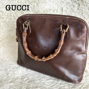 【人気】グッチ バンブー ハンドバッグ ブラウン オールレザー GUCCI トートバッグ オールドグッチ