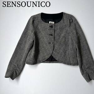 美品 センソユニコ SENSO UNICO t.b ノーカージャケットウール セレモニー オンオフ兼用 アウター 千鳥格子柄 チェック レディース