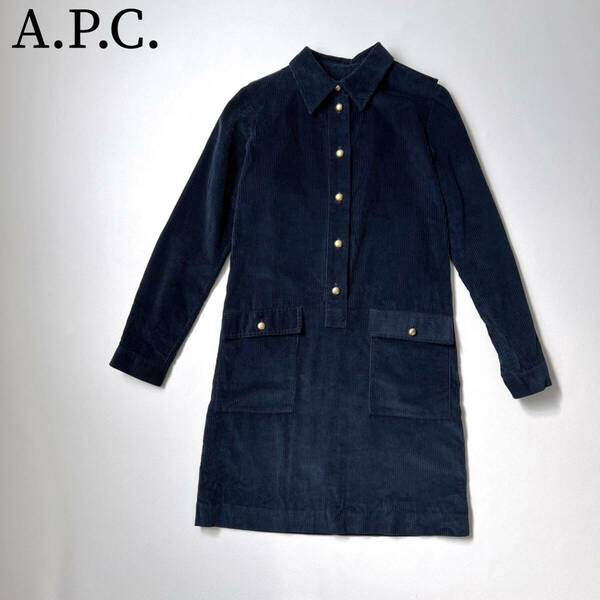 A.P.C. アーペーセーシャツワンピース 膝丈ワンピース　コーデュロイ ゴールドボタン　ネイビー レディース