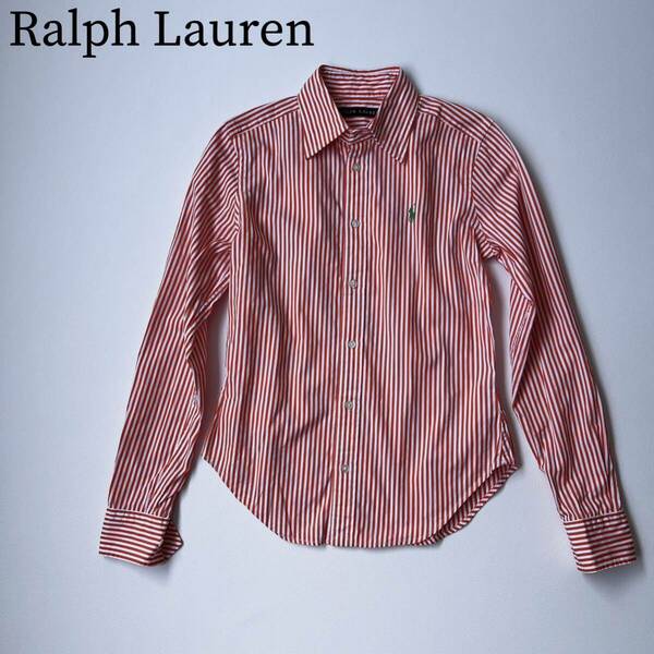 美品 Ralph Lauren ラルフローレン ストライプシャツ コットン　ホースロゴ ビタミンカラー レディース